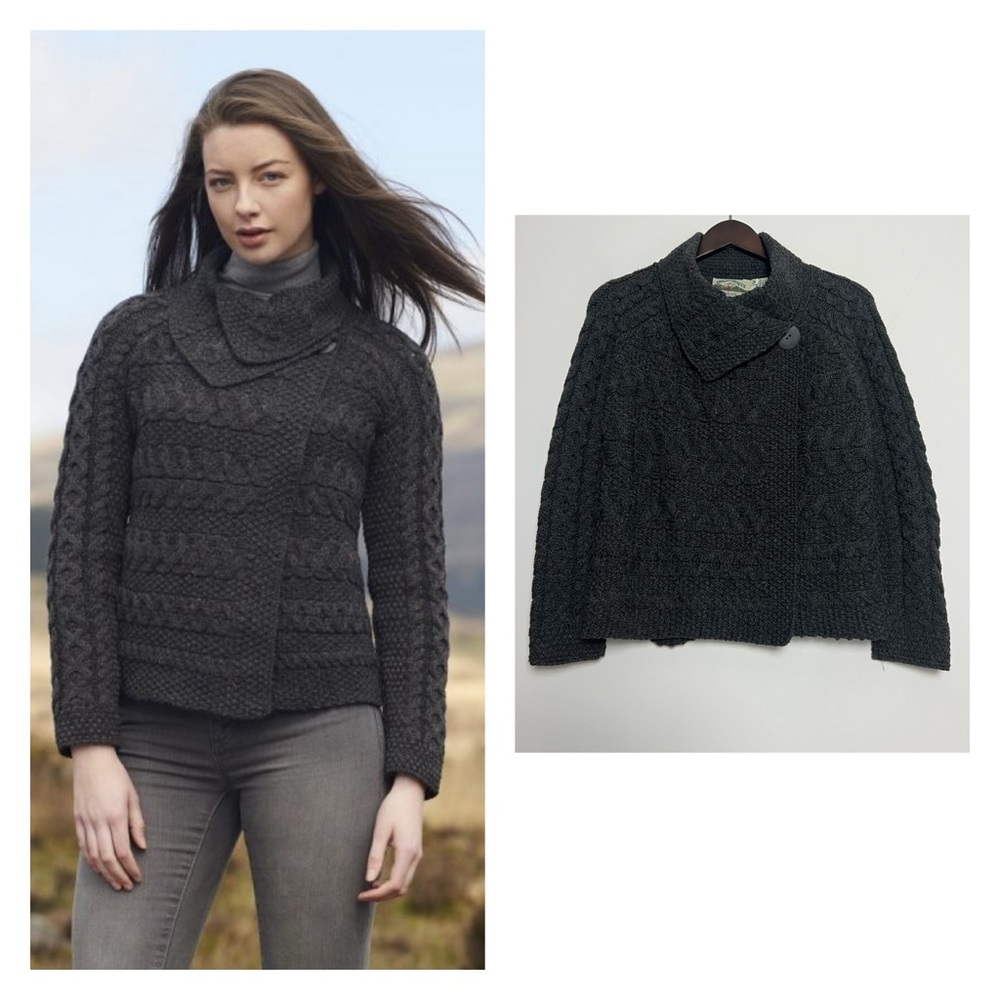 ARAN Crafts Ireland 100% Merino Wool Charcoal One Button Cable Knit Cardigan